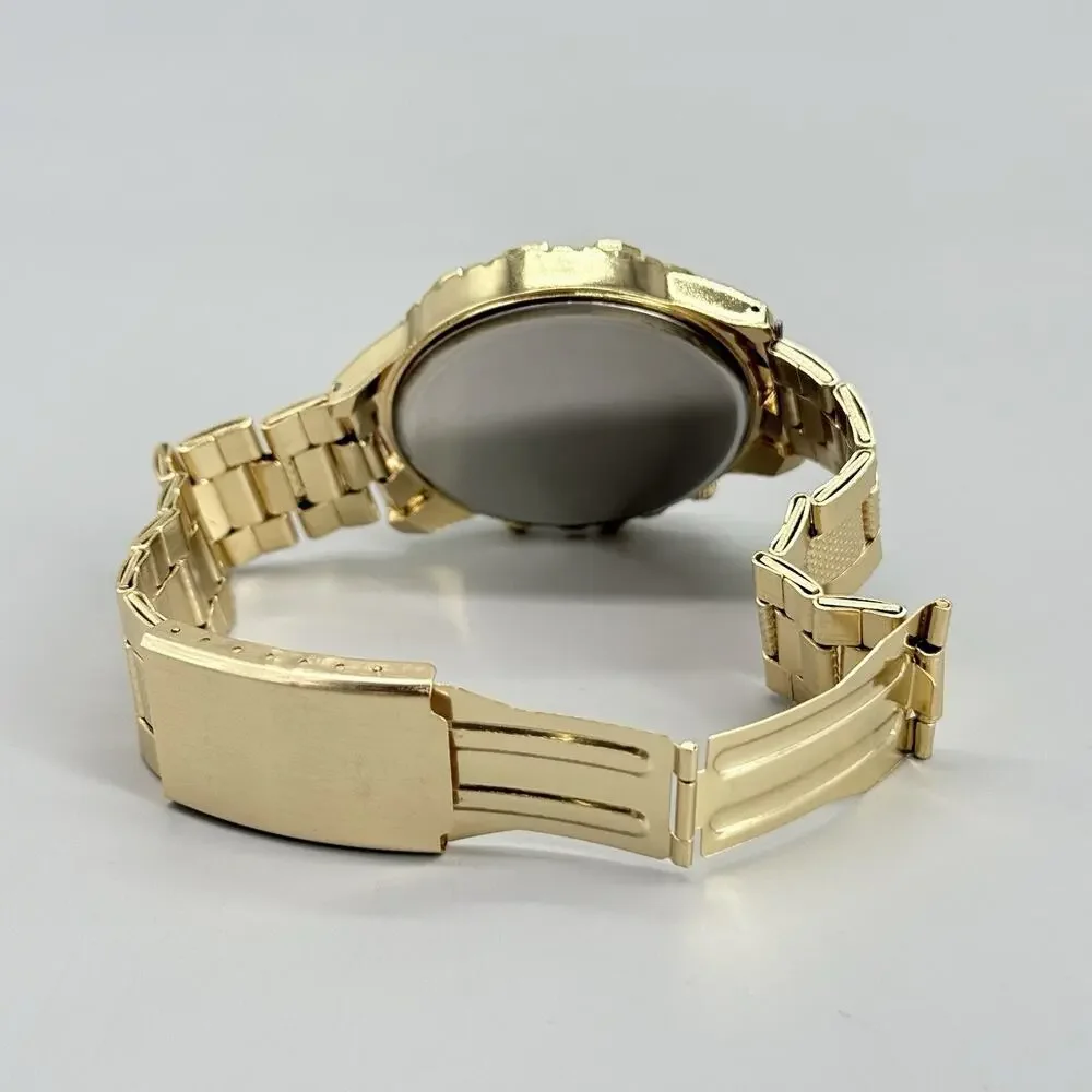 MONYORE Men's Gold Tone Watch Chronograph Look Dark Dial Quartz Wristwatch New